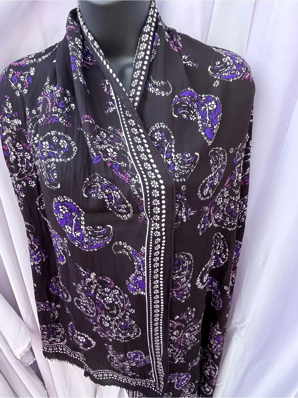 LOFT Black Scarf with Purple Paisley Print